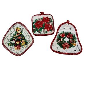 Vintage Franco Christmas Potholders Set 3 Poinsettia Tree Wreath Red White Retro